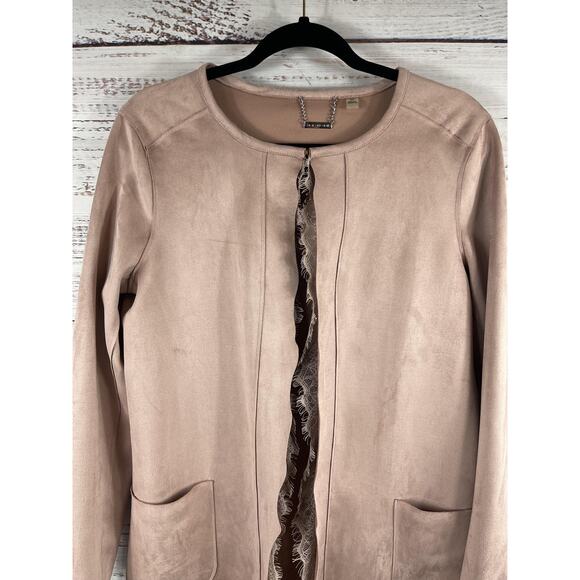 Tahari Jacket Womens Small Pink Faux Leather Lace Trim Open Front Coatigan - Picture 2 of 10